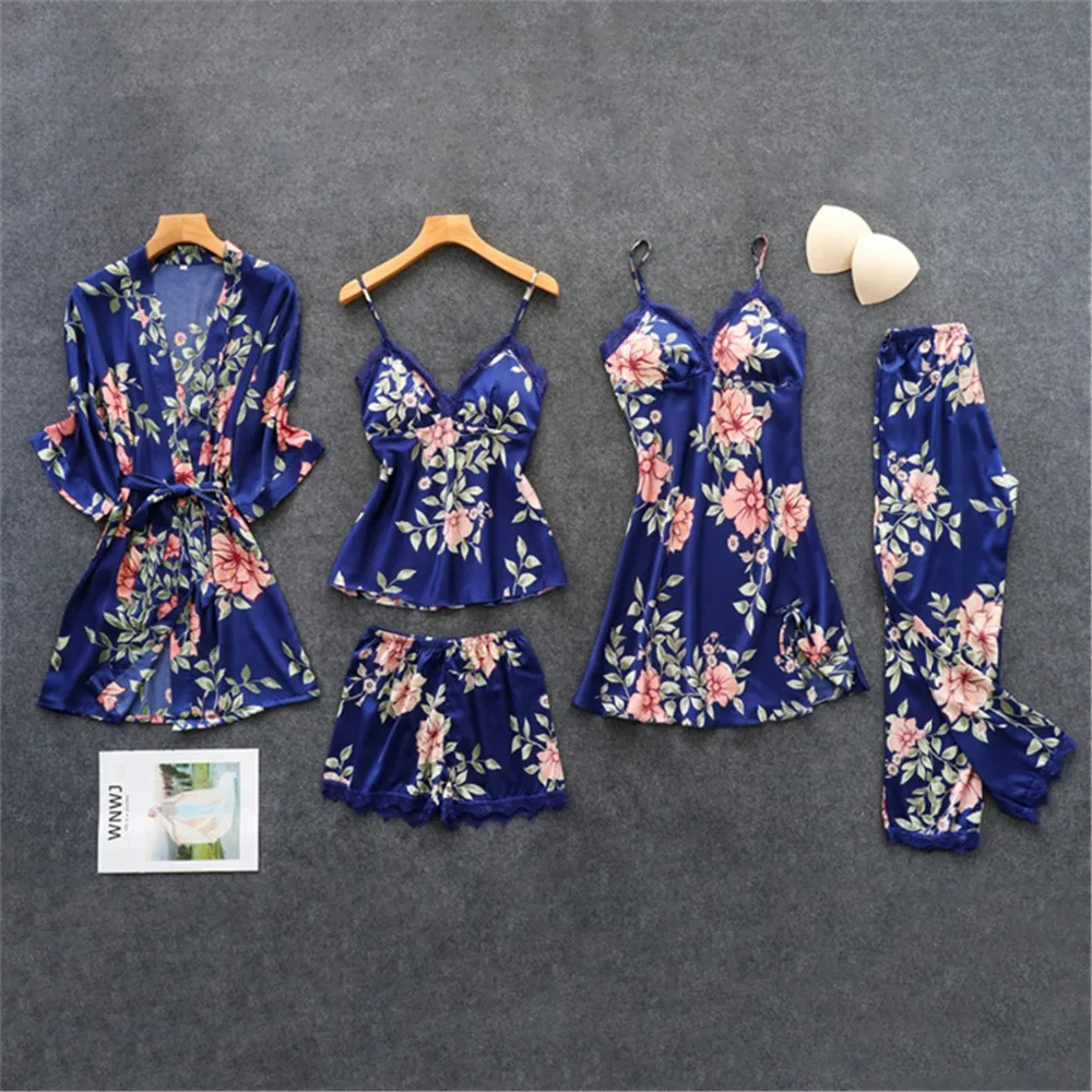 Daeyard Women's Pajamas Silk Floral Overall Print 5Pcs Pajama Set Satin Pyjamas Sexy Lace Pijama Nightie Sleepwear Home Clothes