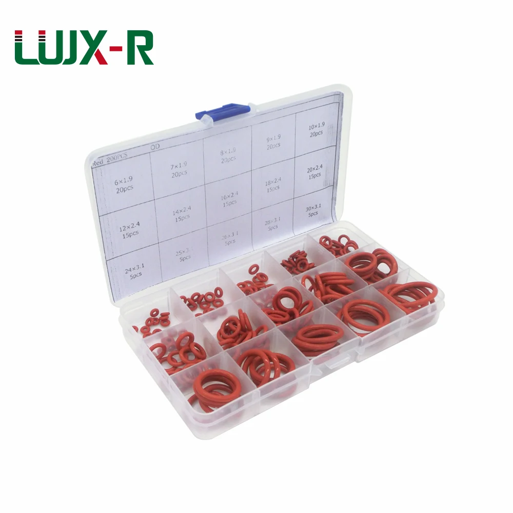 

LUJX-R 200pcs Red Silicone O Rings Kit VMQ Gasket Set 15Size Oring Washer Assortment Sealing Rings Boxes Wear resistance Assort