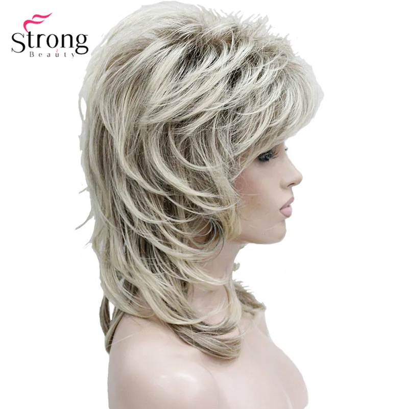 Lady Vrouwen Blonde Met Donkere Wortel Medium Lengte Cascade Lagen Synthetisch Haar Volledige Pruik Voor Vrouwen