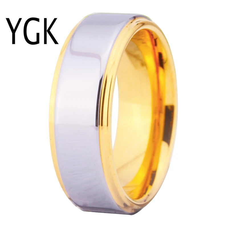 YGK Brand Jewelry  8mm Width Golden Step Edge With Shiny Center Tungsten Carbide Ring for Wedding