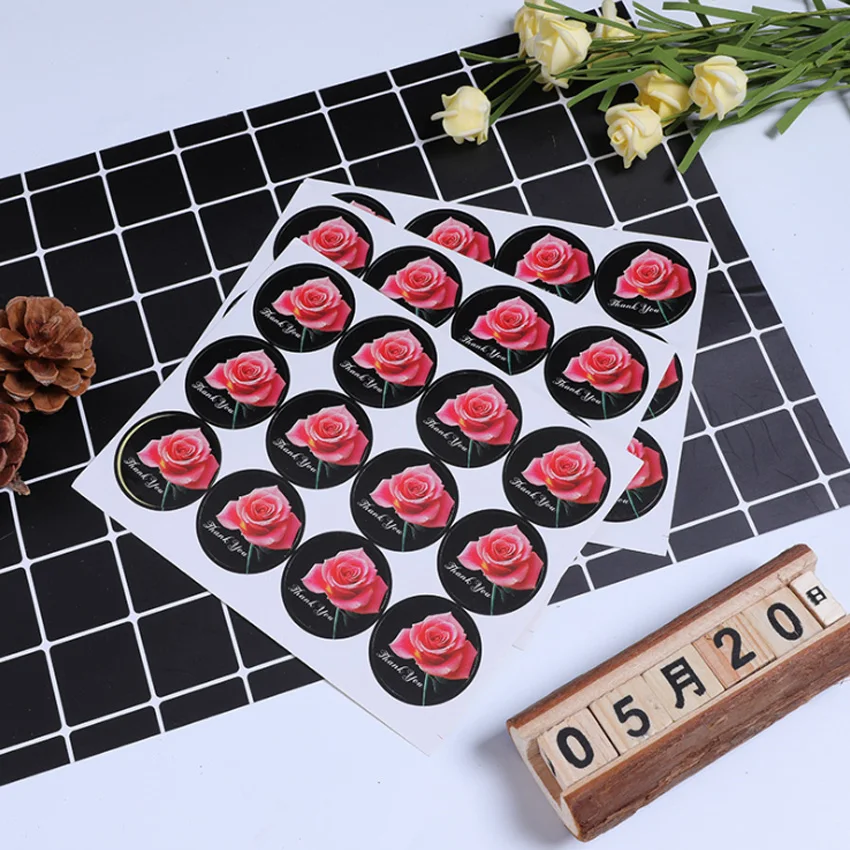 1200pcs/lot Kawaii Rose Thank you flower gift sealling label Adhesive Black Baking Seal Sticker For Party Favor Gift Candy Box