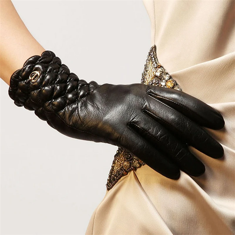 High Quality Brand Genuine Leather Gloves  Soft Women Sheepskin Glove Fashion Trend Winter Driving Leather Gloves EL005NC-5