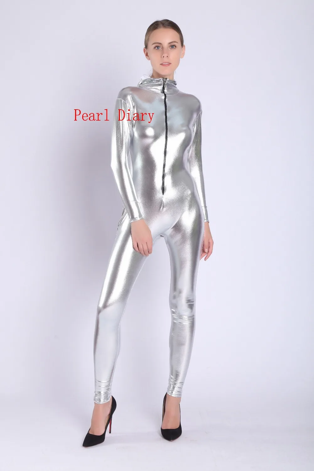 Girl's sexy silver Shiny Metallic jumpsuits unisex Leotard Catsuit bodysuit Tights front zipper with hooded