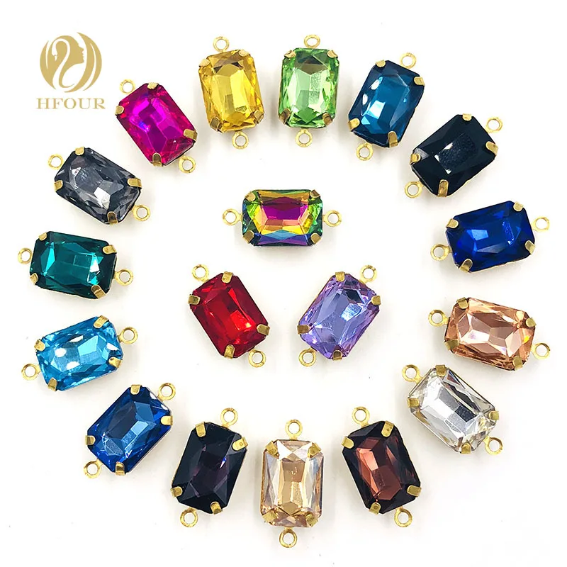 

New arrive 10x14mm 20pcs gold base double loop Rectangle Crystal glass mixed color sew on rhinestones Pendant diy accessories