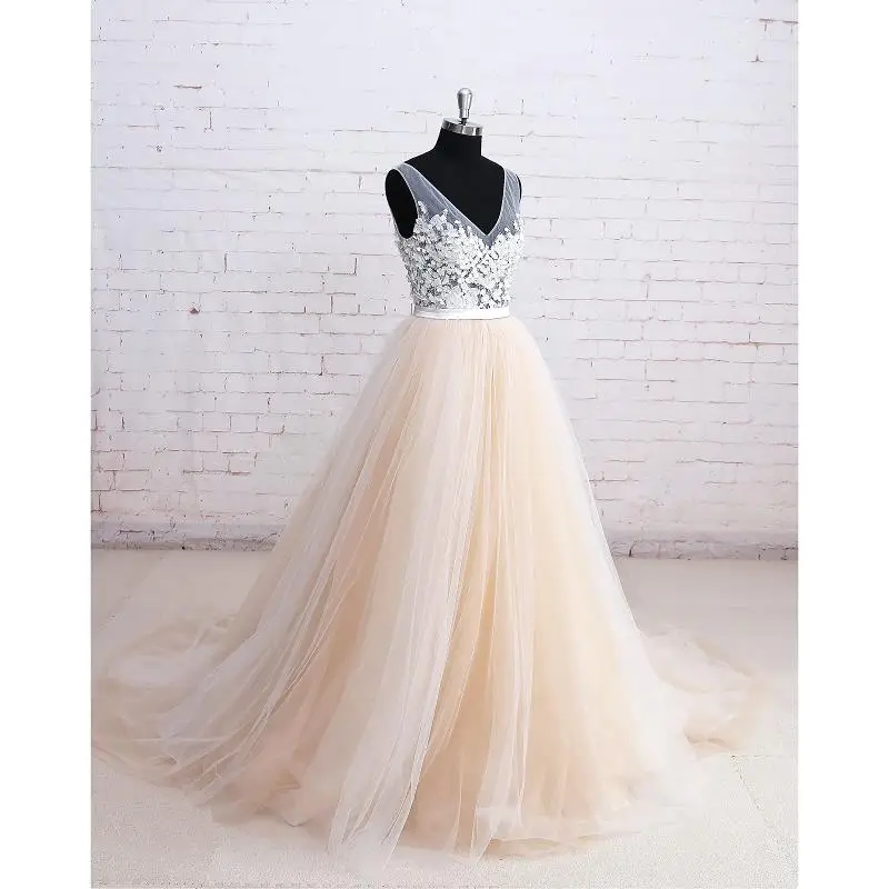 Champagne Tulle V-Neck A-Line Wedding Dress Floor-Length Chapel Train  Appliques  Real/Original Picture  Custom Made