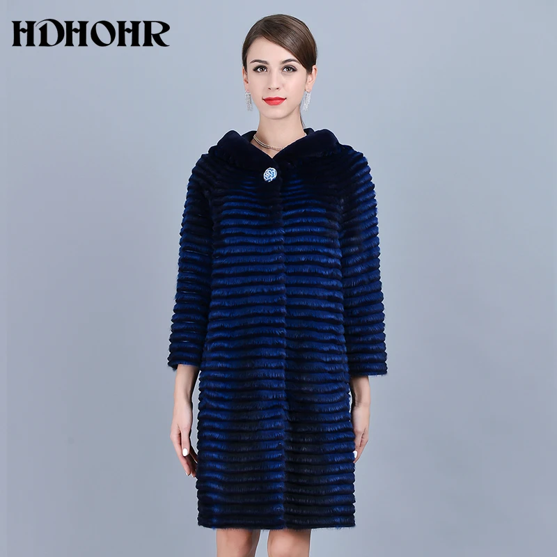 HDHOHR 2024 여성용 천연 모피 코트, 밍크 후드, 긴 스트립, 따뜻한 재킷, 레이디 전체 길이, 진짜 모피 코트
