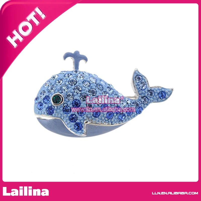 100pcs/lot Cute Animal Blue Whale Crystal Rhinestone Brooch Pin