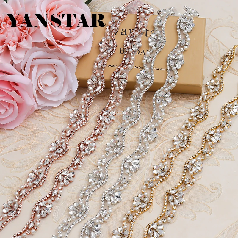 

YANSTAR Wholesale 10 yards*2CM Wedding Dress Applique Transparent Rose Gold Crystal Bridal Sewing Belt Appliques Trim YS810