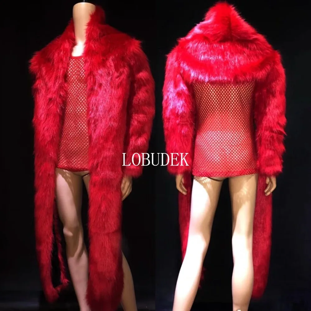 Tide Male Nightclub DJ DS Stage Costume Red Faux Fur Irregular Jacket Coat Bar Men Singer Performance Dance Outfit Star Show