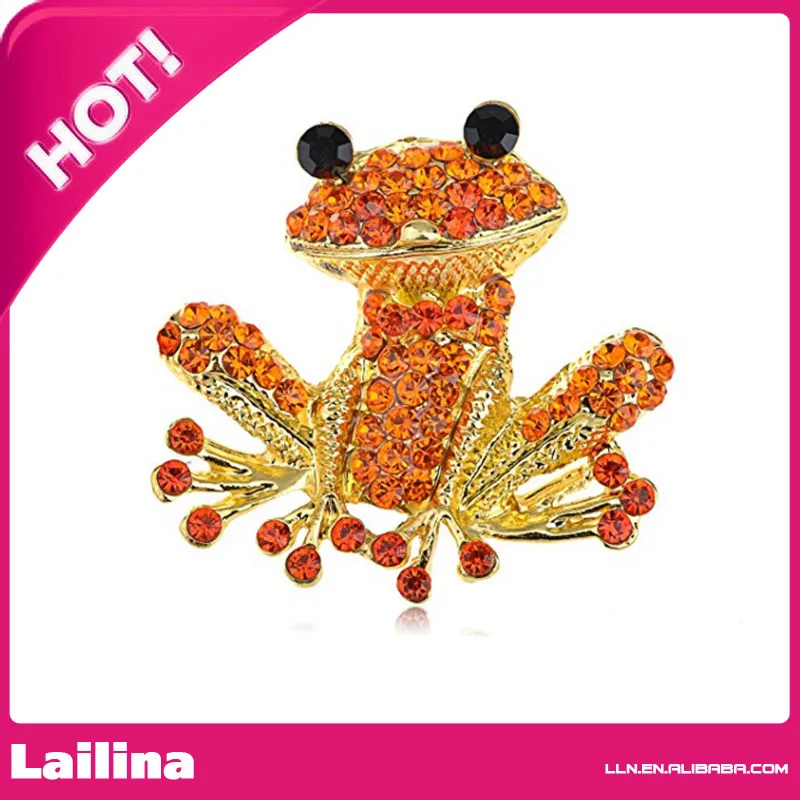 Orange Red Happy Crystal Rhinestones Golden Tone Smiling Frog Pin Brooch