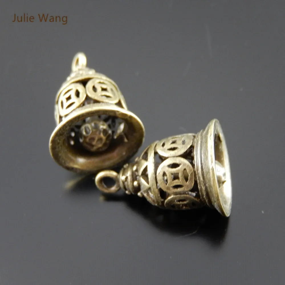 Julie Wang 5PCS Copper Bell Charms (No Sound) Antique Bronze Hollow Pendant Bracelet Handmade Fashion Jewelry Making Accessory