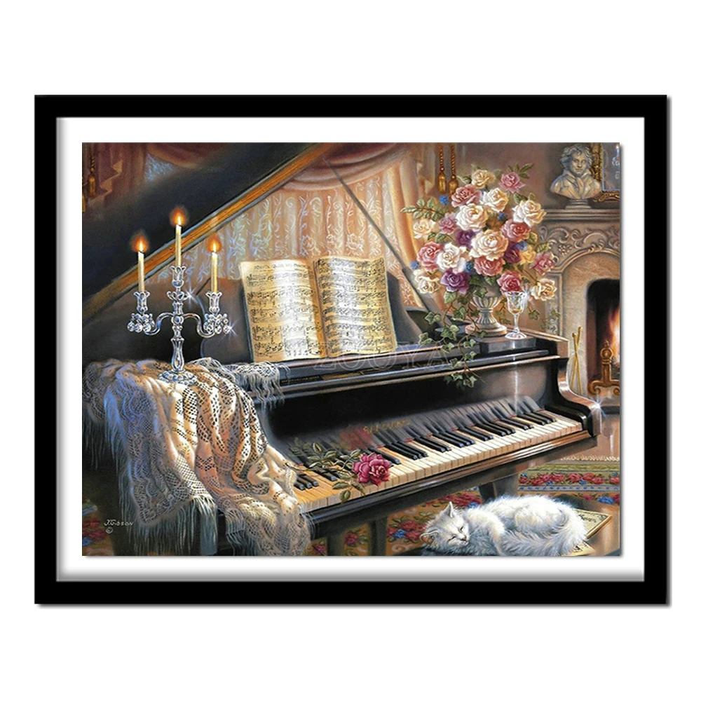 5D DIY Diamond embroidery piano and cat diamond painting Cross Stitch full square Rhinestone  home decoration