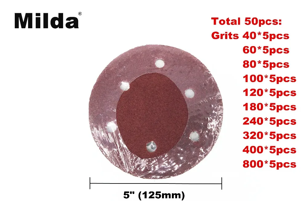 Milda 50pcs 5 Inch 125mm Round Sandpaper Disk Sand Sheets Grit 40-800 Hook and Loop Sanding Disc for Sander Grits