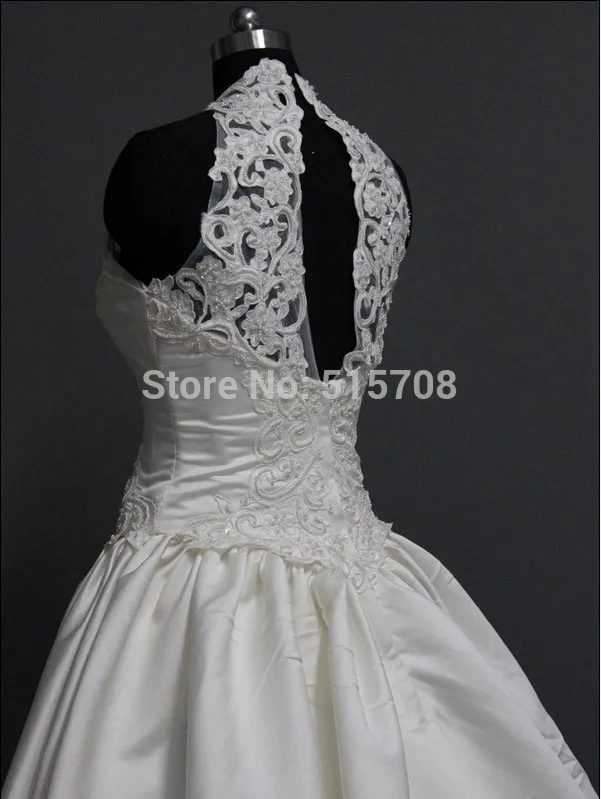 Real Photo Wedding Dresses Sexy Halter Ball Gown Lace Applique Satin Chapel Train Church Garden Bridal Dress