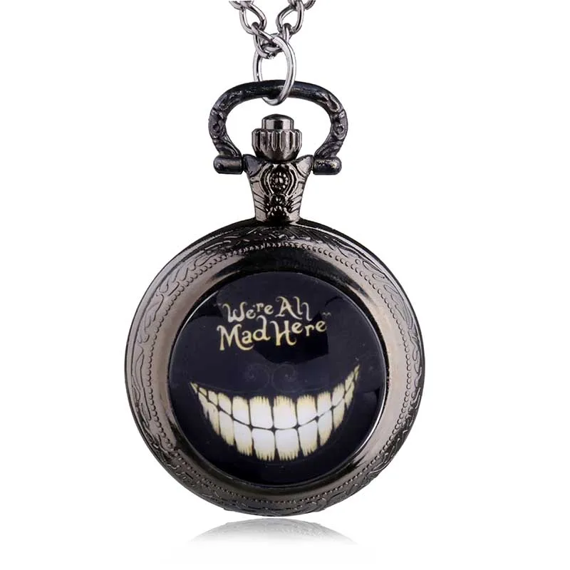 New Alice in Wonderland We're All Mad Here Quartz Pocket Watch Analog Pendant Necklace Mens Womens Gift