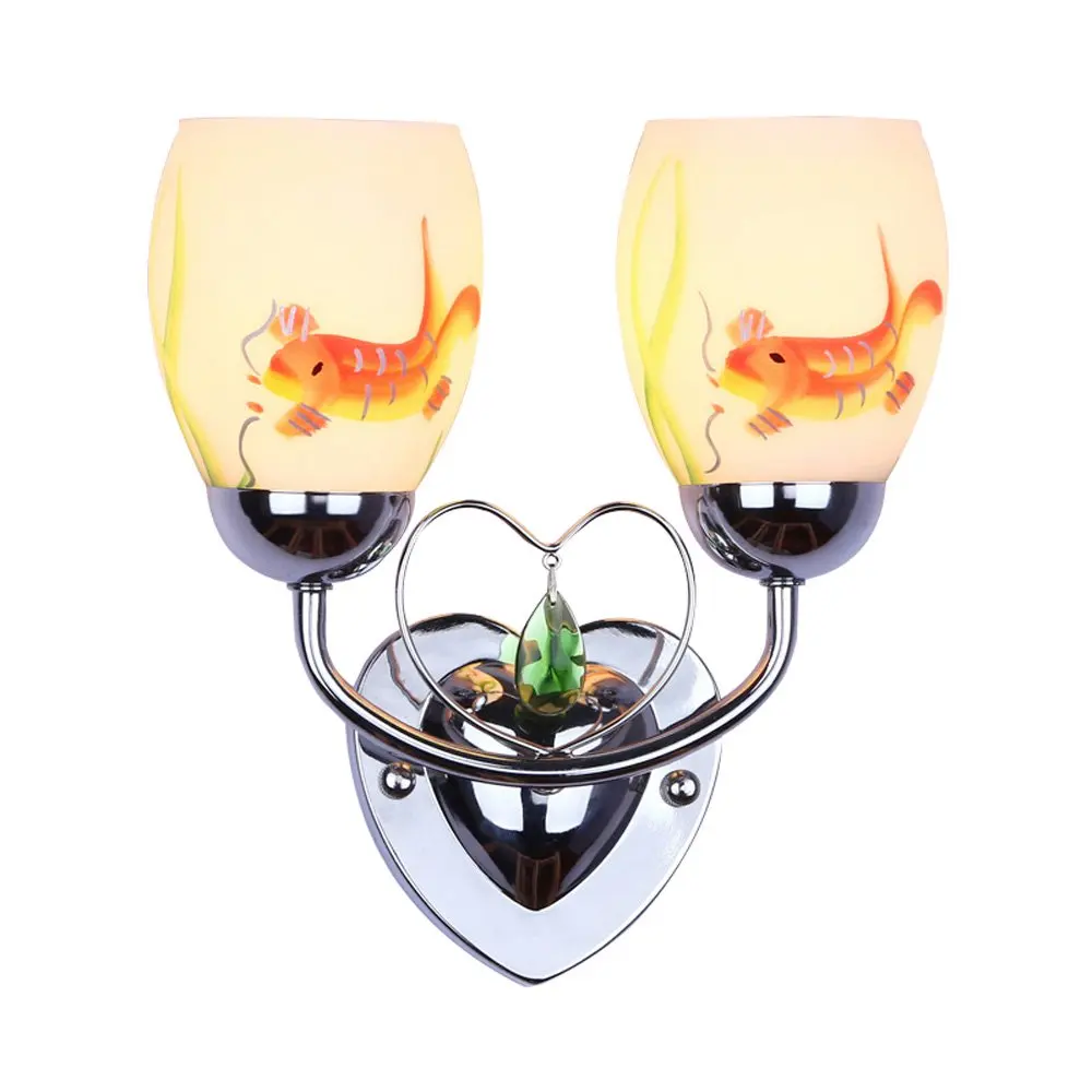 Modern Fish Painting Bedroom Bedsides wall lights Heart Chrome Base Green Crystal Creative Mirror Front Corridor Wall Sconces