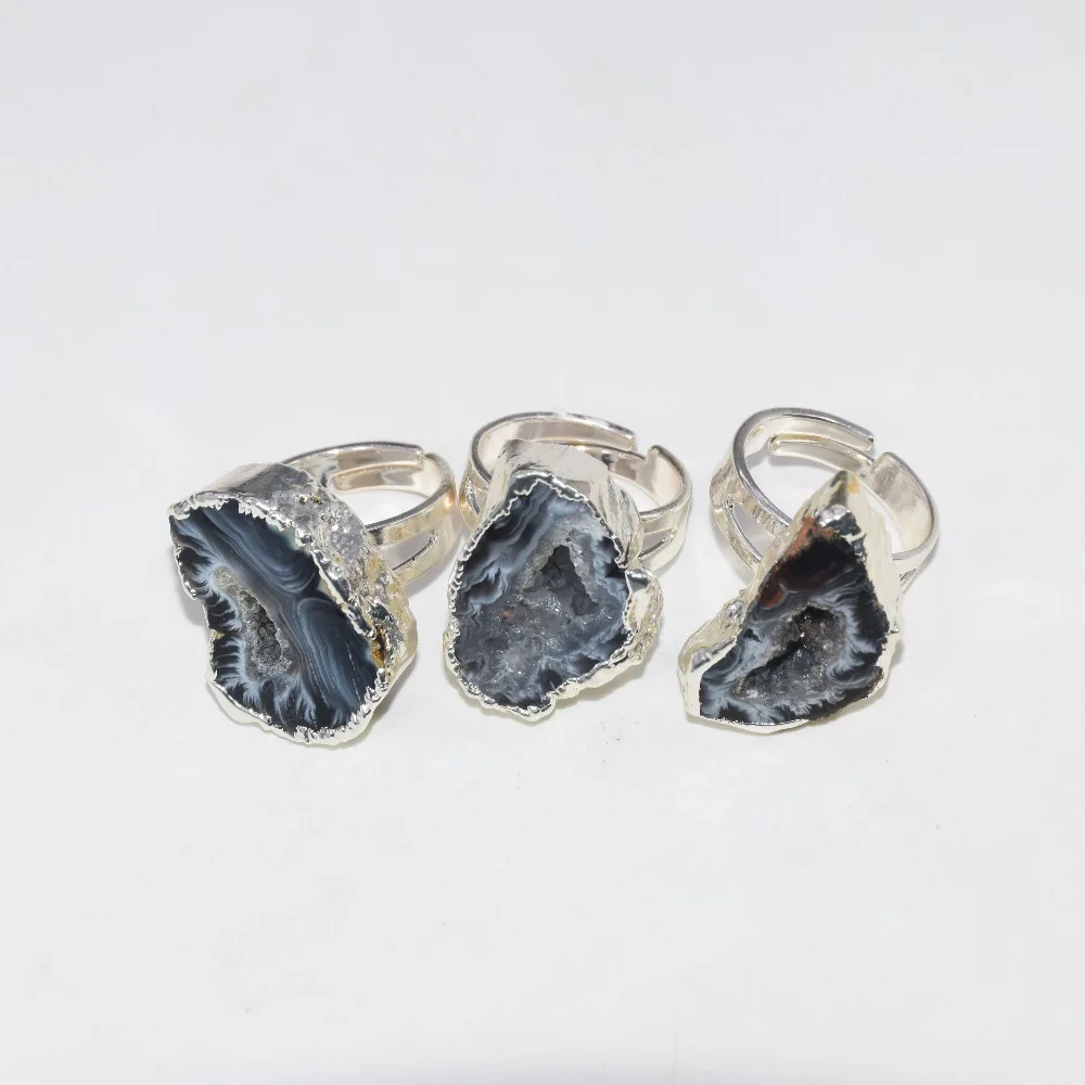 

Silver Plated Geode stone druzy jewelry Ring for women 2023 raw vintage adjustable black hole slice gift 10pc free shipping item