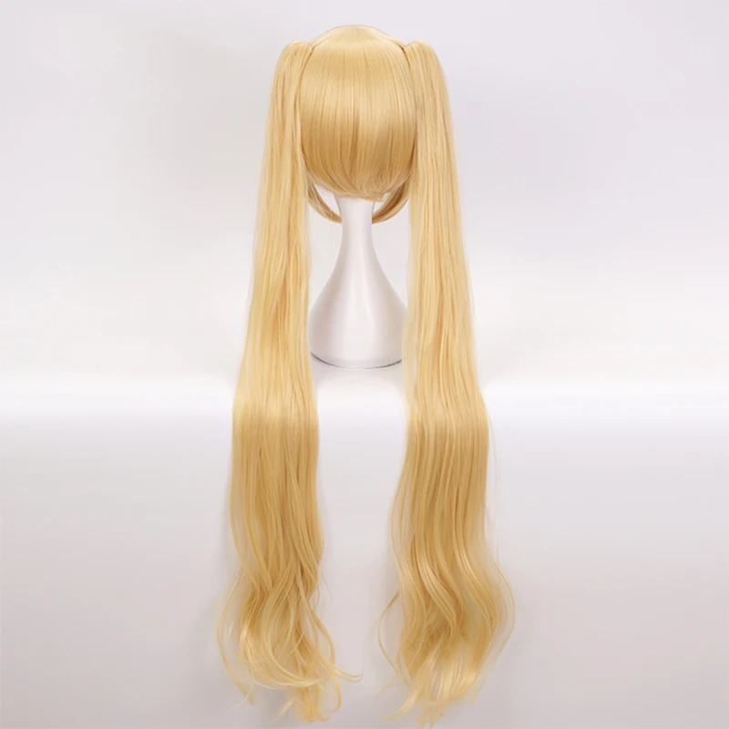 ผสม S Kaho Hinata สีบลอนด์สังเคราะห์คอสเพลย์วิกผมธรรมชาติ Wave Double Ponytails วิกผม + หมวกวิกผม