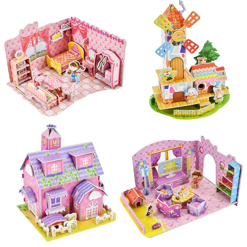 Girls Toys 3D DIY Bedroom Paper Doll House Puzzle Children Miniature Pink Sweet Jigsaw Handmade Dolls House Toy For Kids Gift