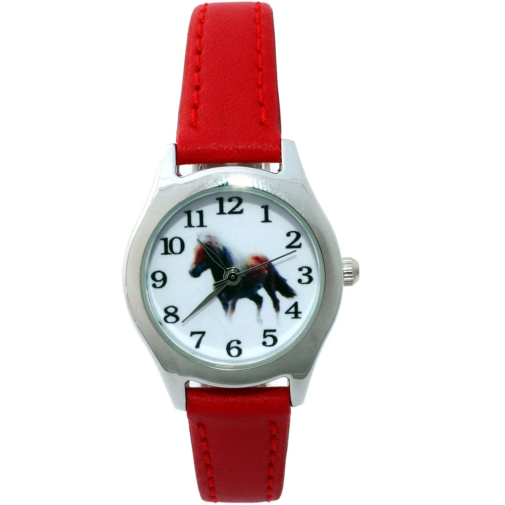 Popular Cute Girl Ladies Watch Kids Watches Horse Leather Quartz Student Kids Animal Cartoon Children Wristwatch U11 red