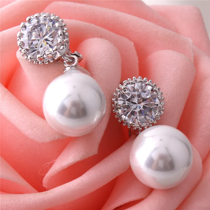 Top Quality Round Shape AAA Cubic Zircon Simulated Pearl Clip on Earrings Non Piercing for Women Elegant Ear Clip Not Allergy