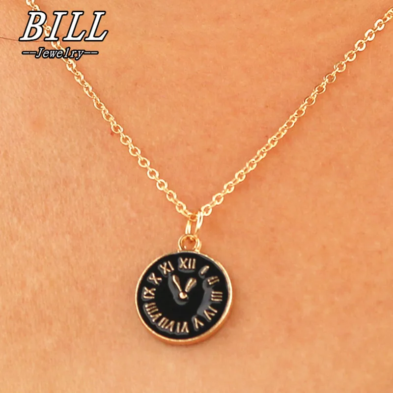 European Black White Enamel Clock Pendants Women\'s Short Necklaces Gold Color Chain Female Punk Fashion Neck Accessories Colar
