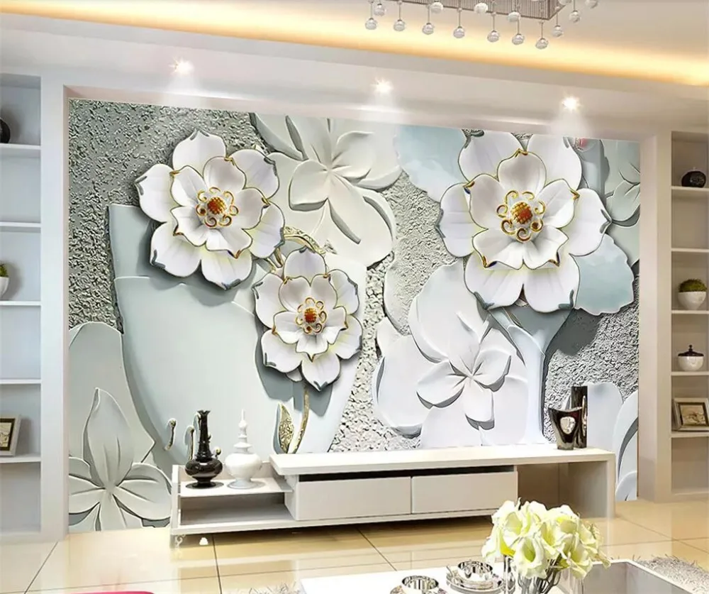 beibehang Custom Wallpaper 3d Stereo murals Flower Relief TV Background Walls Flower Jade Carving Mural Paintings 3d wallpaper