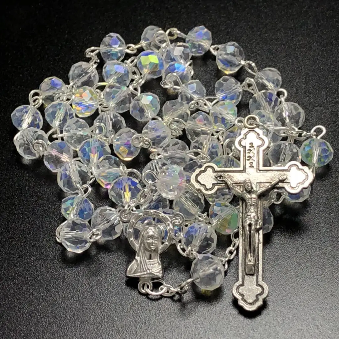 6*8mm AB plating facet crystal rosary necklace religious use jesus cross rosary with virgin mary center