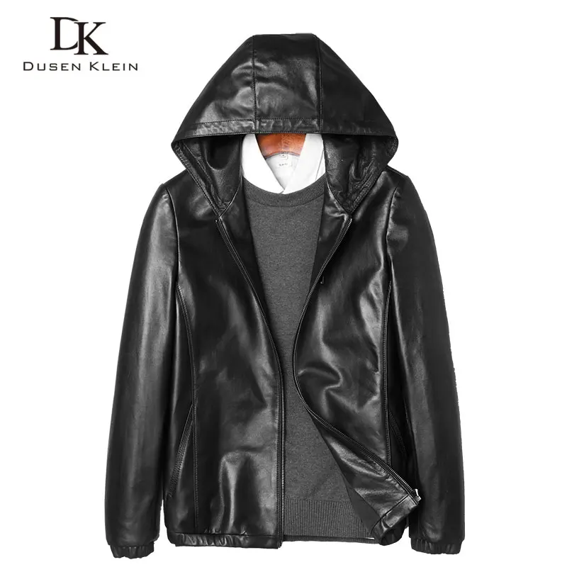 

hooded leather jacket men Dusen Klein brand New arrivals hat coats Genuine leather sheeepskin male leather clothing 71J7828