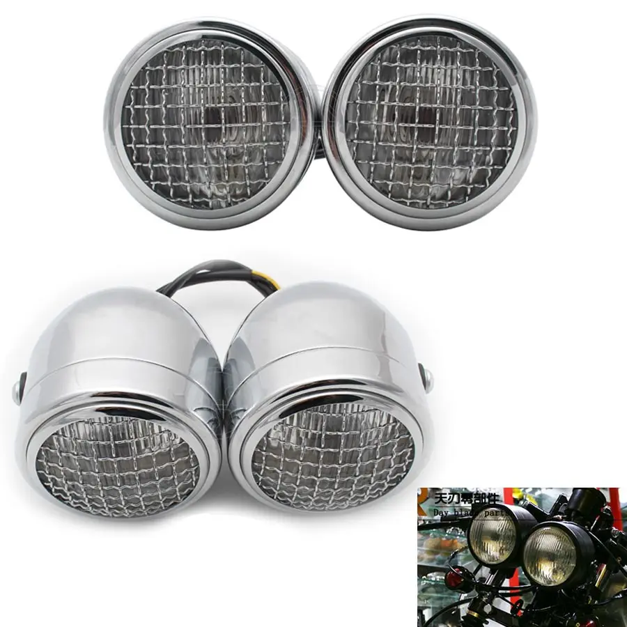 

Chrome Motorcycle 35W Twin Headlight Double Dual Front Lamp Clear Lens+Metal Grill Mask for Harley Cafe Racer Honda CG125 GN125