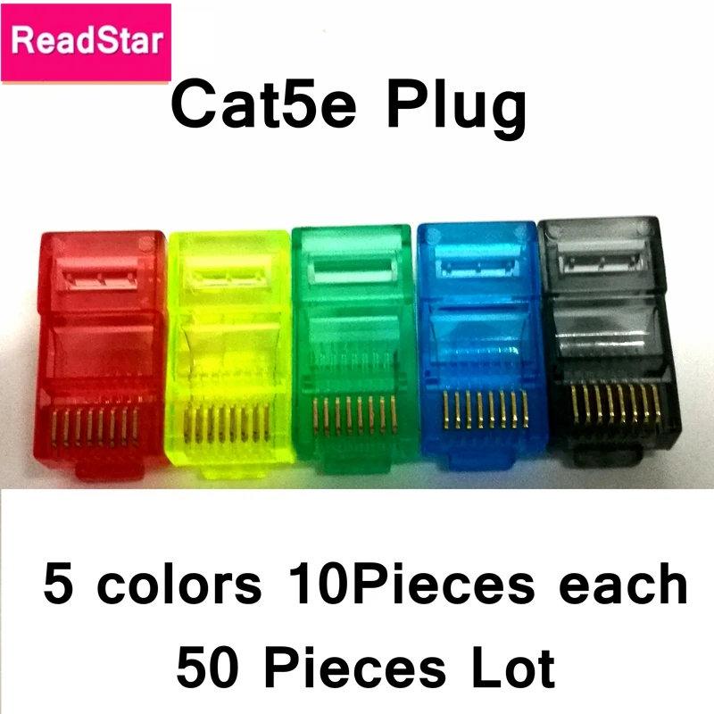 50PCS/LOT ReadStar High quality gold plating color CAT5e UTP RJ45 plug unshielded RJ45 connector 5 colors x10 pieces each color