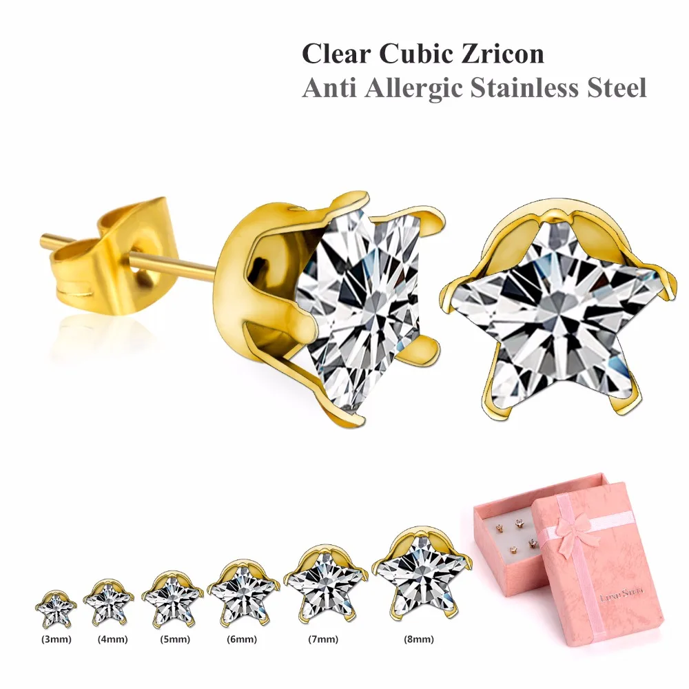 LUXUSTEEL Stud Earrings Shiny Star Crystal Earring Sets Stainless Steel 6Pairs/Box Push Back Jewelry Gift For Women/Girl