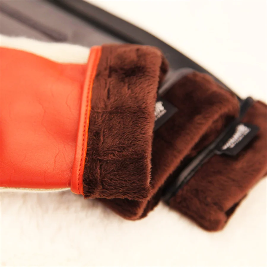 Two Tone Female Glove With Long Fleece Lining Women\'s Lambskin Genuine Leather Gloves Special Offer Free Shipping L131NC