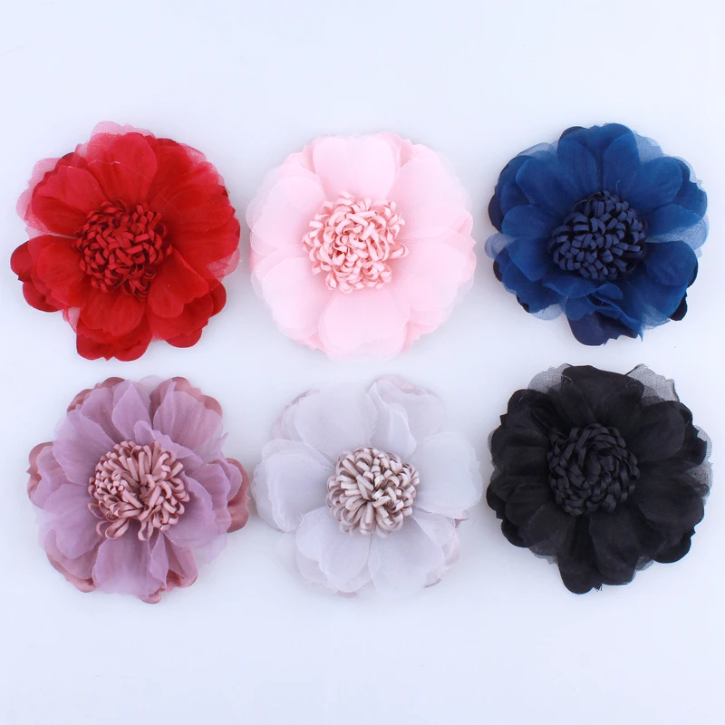 

10PCS 9CM Newborn Tulle Silk Flower With Tissue Stamen For Headbands Fabric Flowers For Hair Clips Hair Accessories