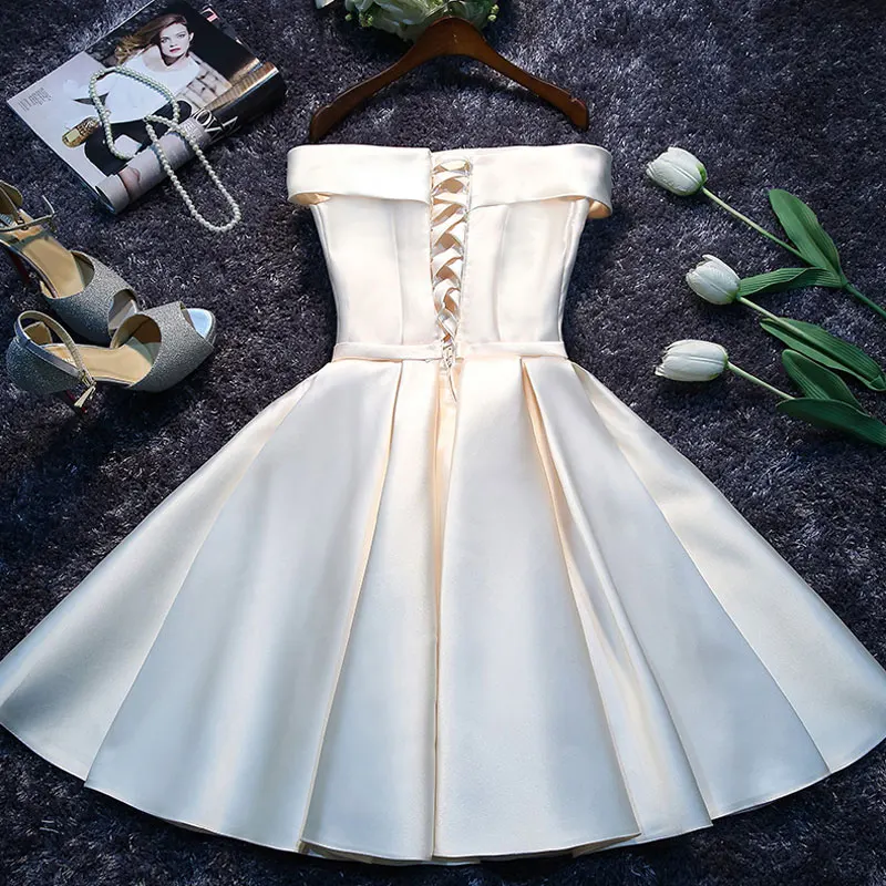 Muslimah # Lace up Boat Neck Champagne short abiti da damigella d'onore festa di nozze prom dress girl 2019 new wolesale women personalizza