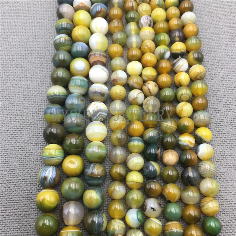 MY0072  Polished Mix Color Striped Lace Agates Stone, Yellow Round Beads,Drilled Beads Strand 15.5 Inch