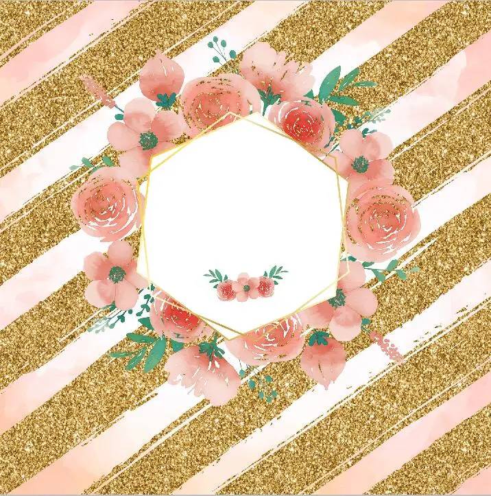 

10x10ft Gold Glitter Stripes Peach Floral Flower Party Custom Seamless Washable Wrinkle Free Photo Background Backdrop Polyester