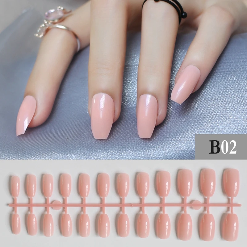 Shrimp powder Full Nail Simple Artificial Pink Ballerina Fake nail 24pcs coffin nail tips Designs Pure colour False nails B02