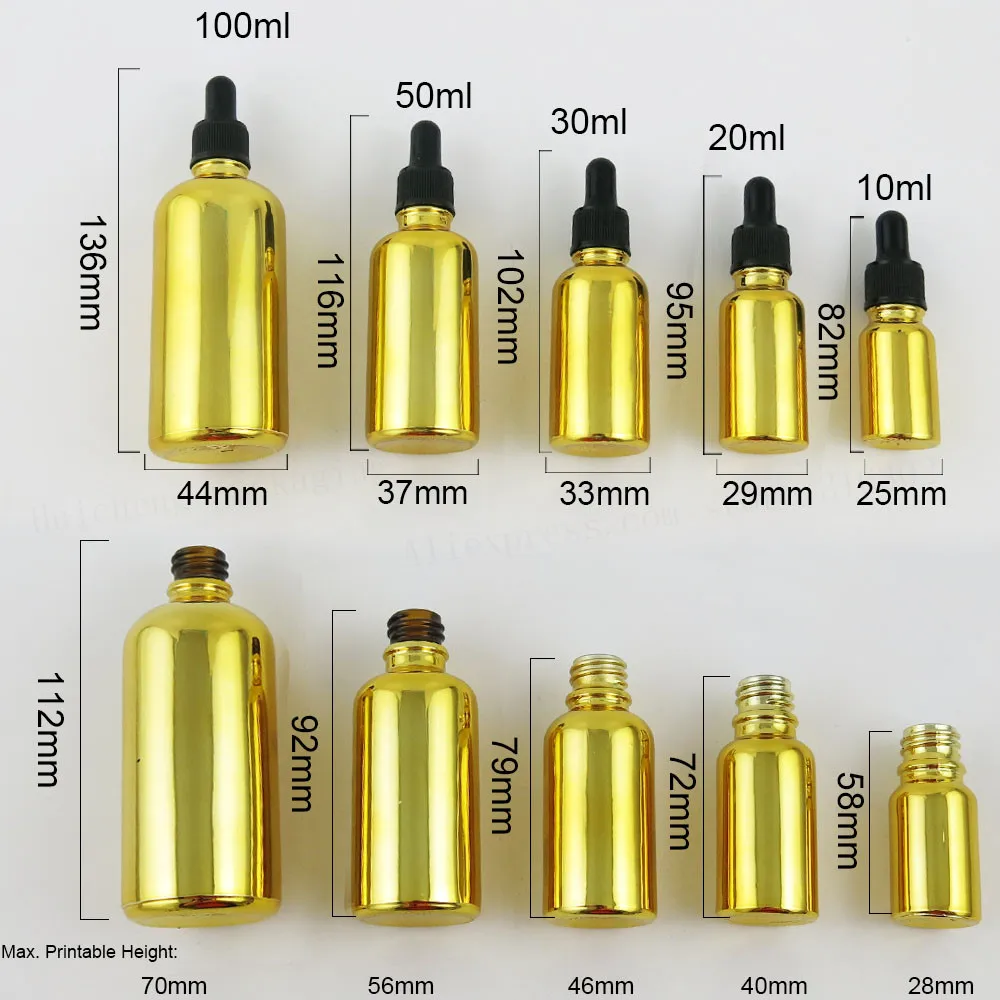 Botella de aceite esencial de vidrio dorado con cuentagotas, frasco de vidrio de 200x30ml, 1oz, 5ml, 10ml, 20ml, 50ml, 100ml