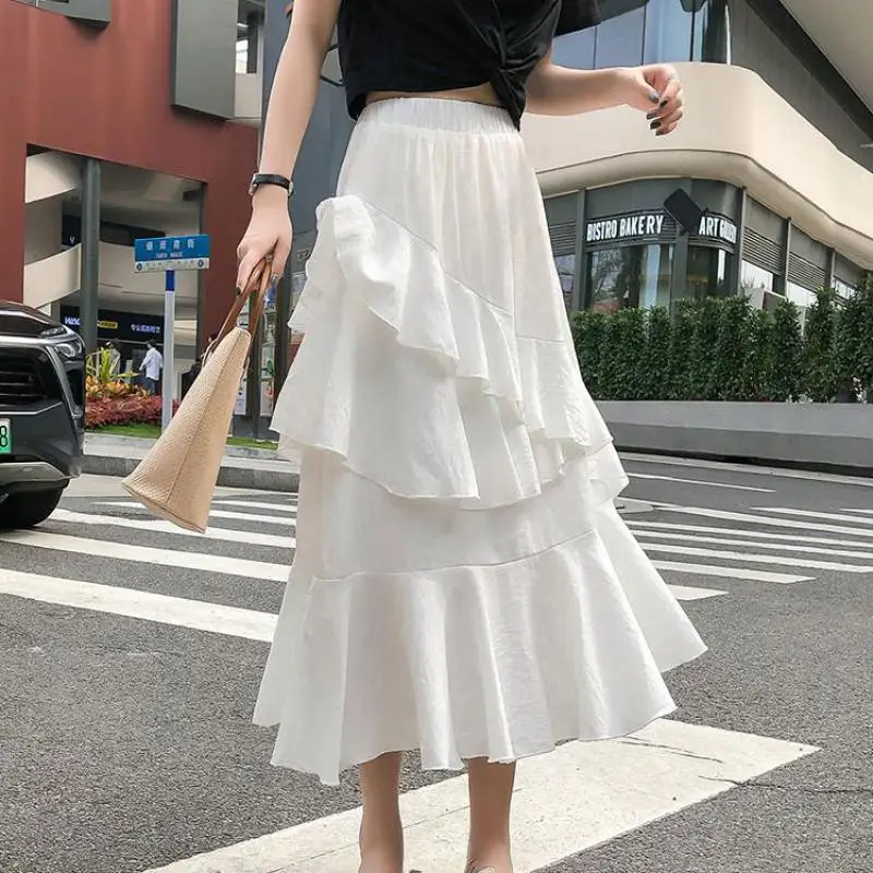 2024 New Autumn Spring Arrival Chic Lotus Leaf Irregular Skirt Long White  Vintage Faldas Largas Mujer Verano Free Shipping