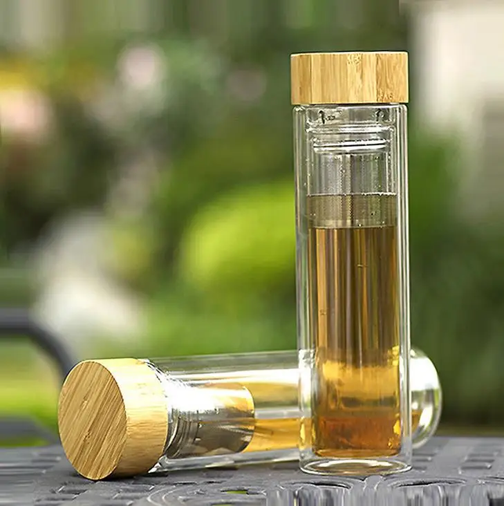 400ml Bamboo lid Double Walled glass tea tumbler. Includes strainer and infuser basket Water Bottles fast shipping