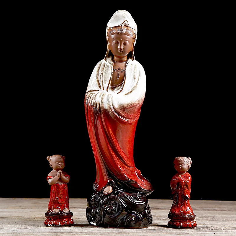 Purple Sand Ceramic Colored Cross-Sea Guanyin Bodhisattva Buddha Statues Furnishing Home Temples for Safety Decoration Crafts