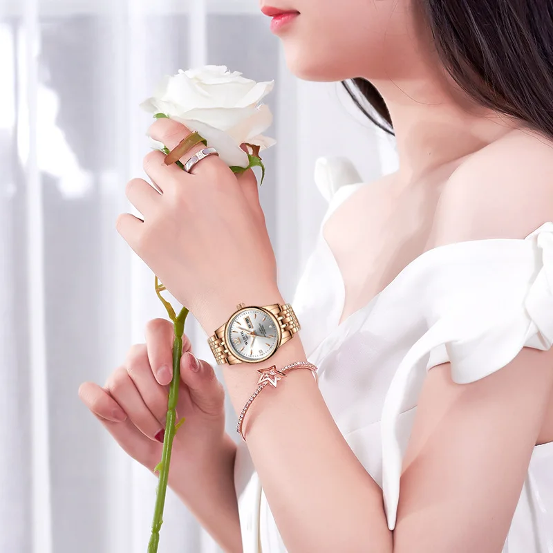 Frauen Mann Liebhaber Kleid Roségold Edelstahl Wlisth Marke Mode Armbanduhr Woche Datum Quarzuhr weibliche Luxus uhren