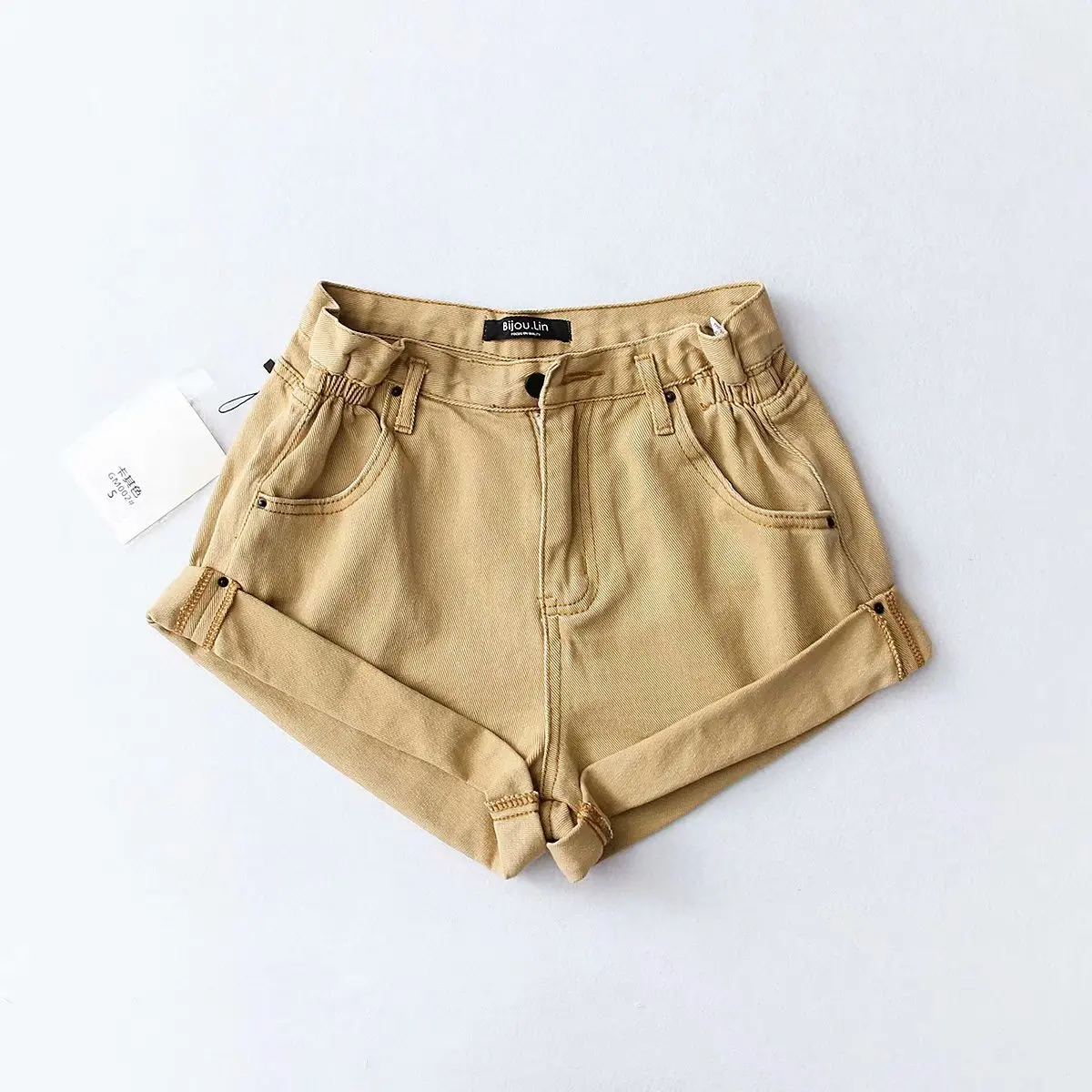 Vintage black Khaki cotton denim shorts women elastic high waist shorts Summer casual hot slim jean shorts clothing 2019