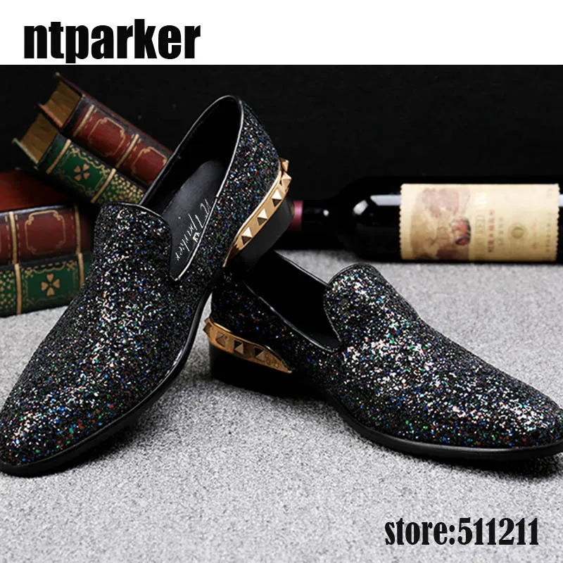 ntparker Italian Style Leather Shoes Round Toe Flat Dress Shoes Sapatos Homens Black Bling Wedding and Party Shoes, ize 38-46