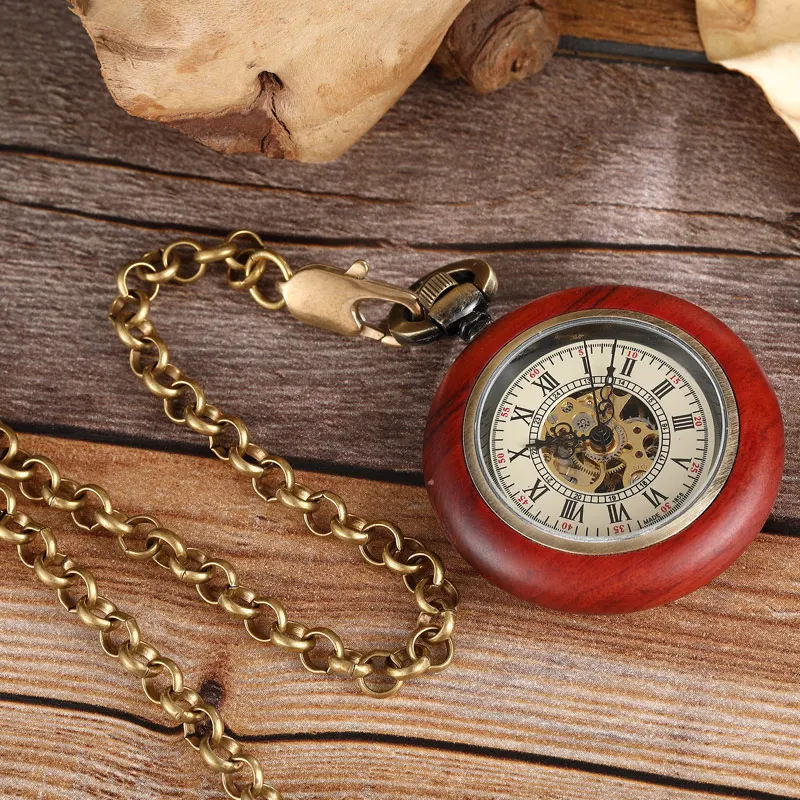 Reloj de bolsillo mecánico con caja de madera Vintage para hombres, reloj de esqueleto con cadena FOB colgante para niños y mujeres, números romanos, mano de viento