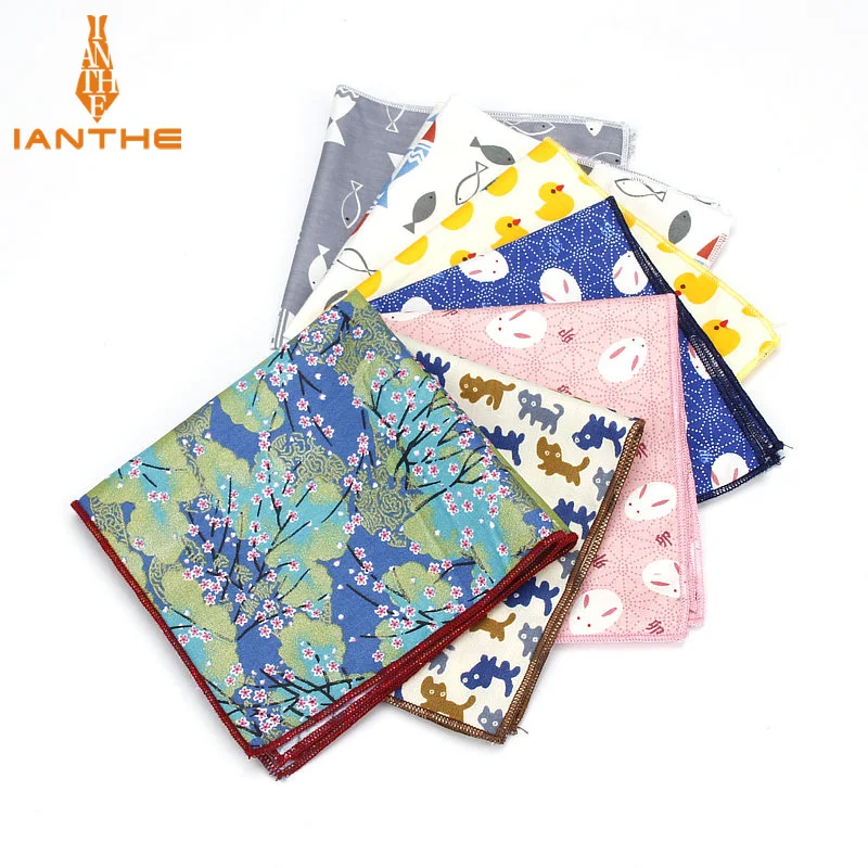 Brand New Men\'s Sunny Style Cotton Handkerchief Animal Duck Fish Cat Printed Pocket Square Hankies Towel Casual Hanky 25*25cm