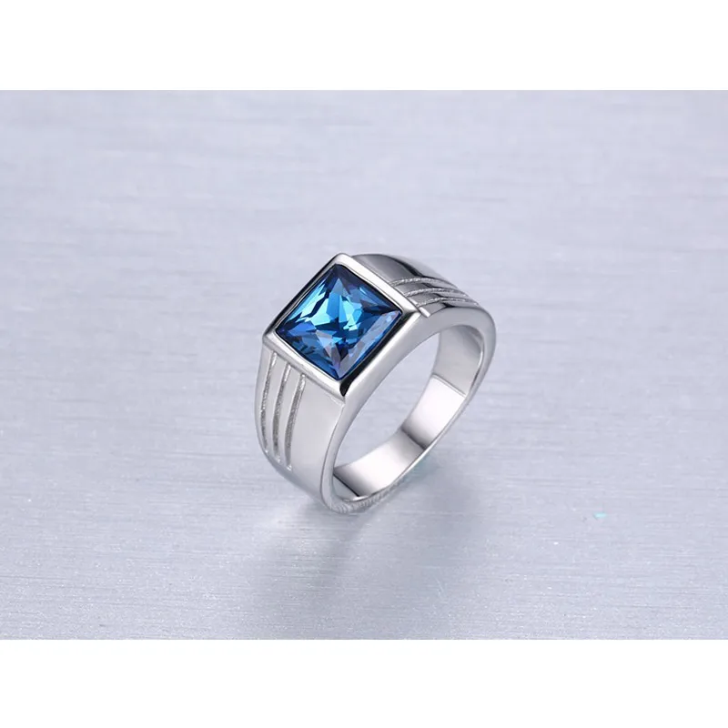 Vnox Blue CZ Zircon Engagement Band Ring for Men Silver Color Stainless Steel High Quality