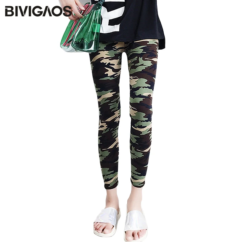 

BIVIGAOS New Womens Camouflage Leggings Thin Sanding Printed Fabric Legging Pants Casual High Waist Slim Leggings Women