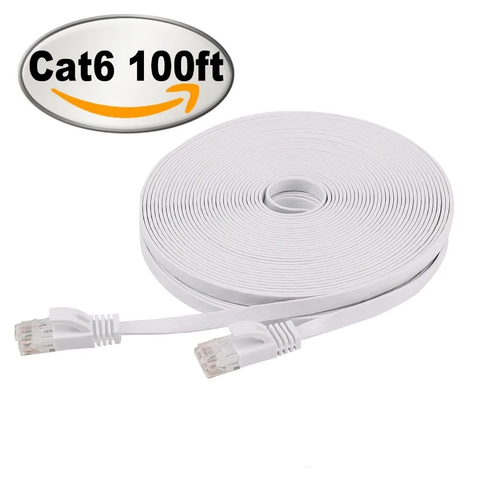 Branco liso do cabo 100ft dos ethernet do gato 6 com cabo de rede dos grampos de cabo cabo rápido do remendo dos ethernet com conectores rj45 snagless 30m